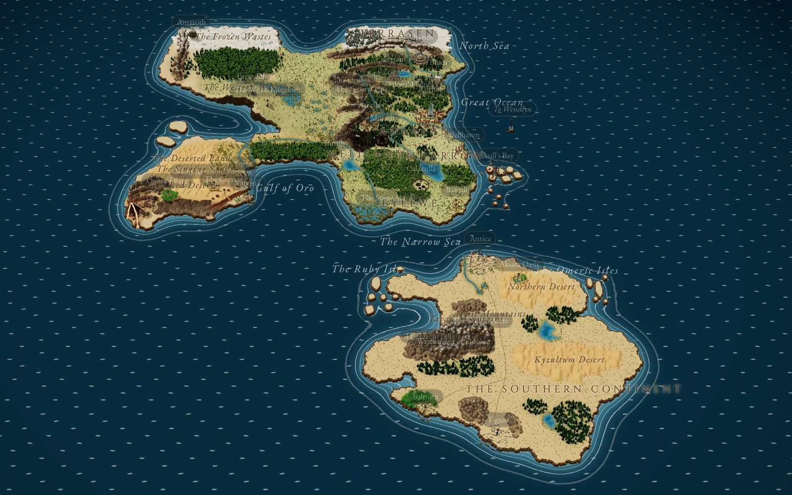 The map of Erilea and the Southern Continent in 3D